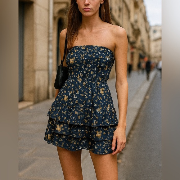 D.E.P.T. Floral strapless Mini Dress ruffled hem Blue abstract print size Small - Picture 1 of 8